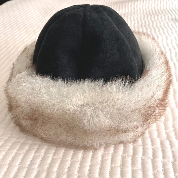 Rita Designs Genuine Shearling Leather Fur Trim Winter Hat Black Tan Handmade